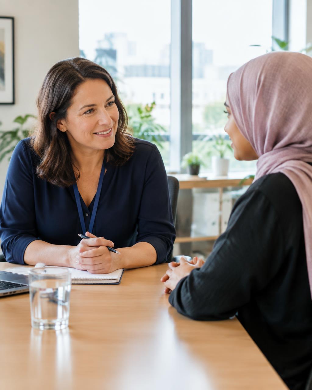 A coordinator talking with a patient