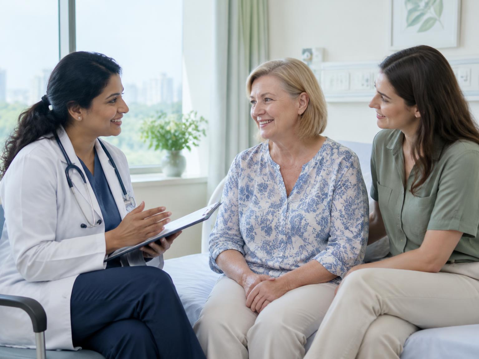 A doctor discussing a care plan with a patient and her family
